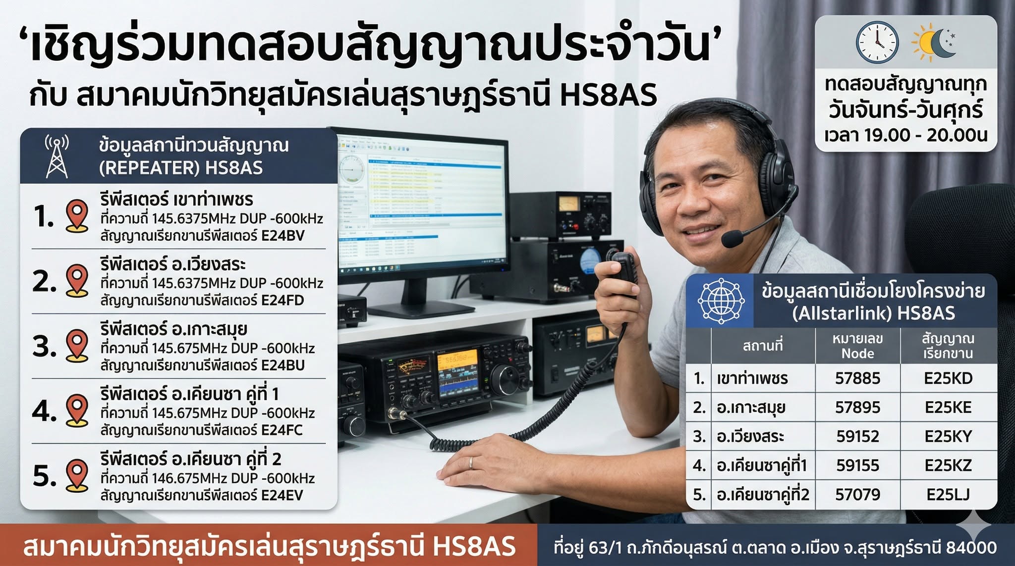 โปสเตอร์เชิญร่วมทดสอบสัญญาณประจำวันกับสมาคมนักวิทยุสมัครเล่นสุราษฎร์ธานี HS8AS พร้อมข้อมูลสถานีทวนสัญญาณและ Allstarlink ทุกคู่