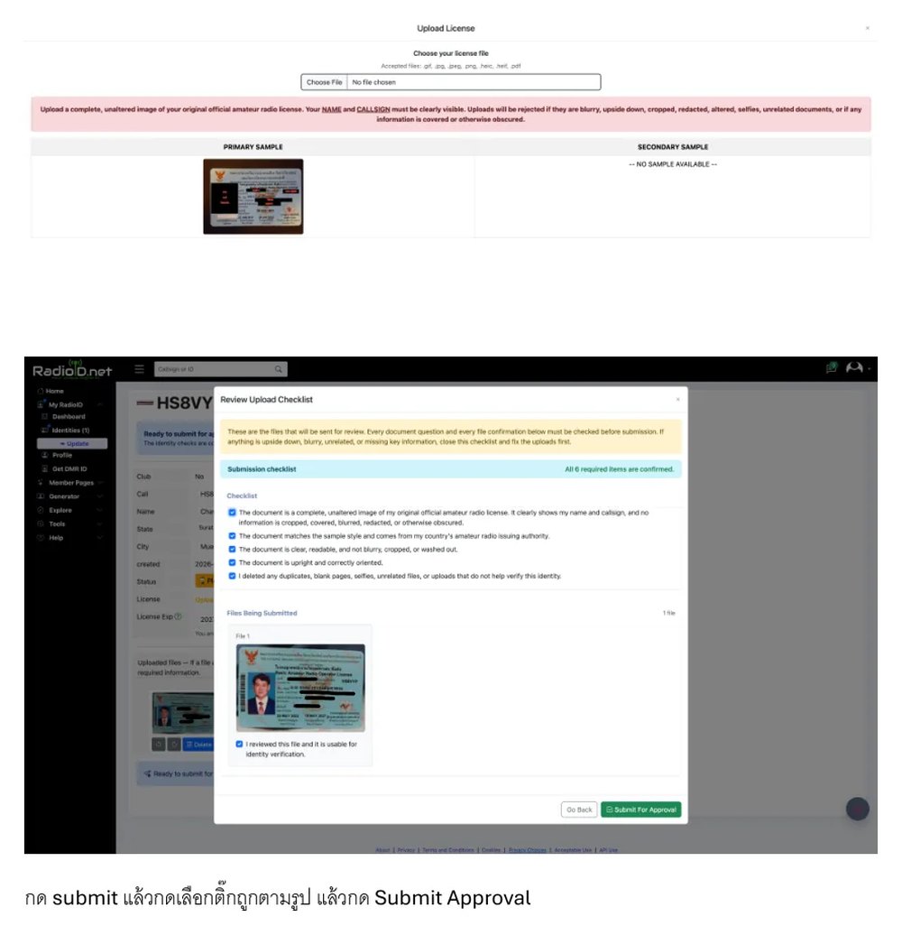 ภาพประกอบขั้นตอนที่ 8 จากเอกสารต้นฉบับ หน้า 7 — ตรวจ Checklist แล้ว Submit for Approval (ลงทะเบียน DMR ID ผ่าน RadioID.net)